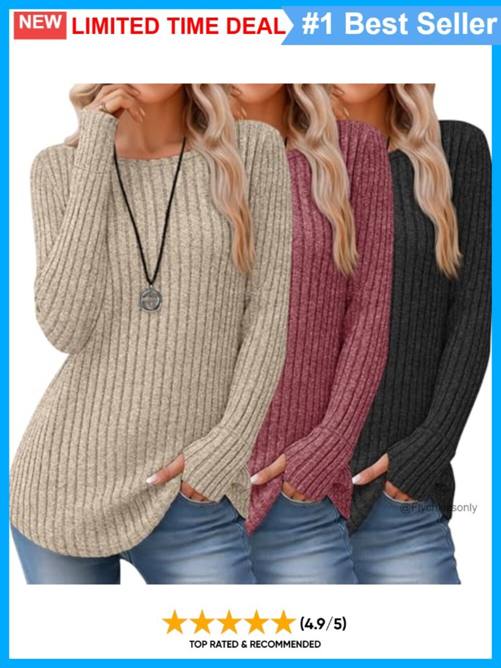 3 Pack Womens Loose Fit Boat Neck Long Sleeve Sweater Tunic Pullover